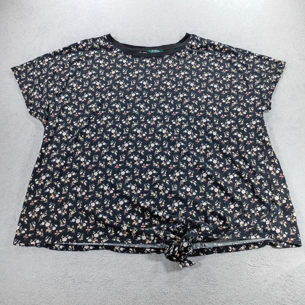Lauren Ralph Lauren Women Floral Tie Front Top Black 3X Short Sleeve